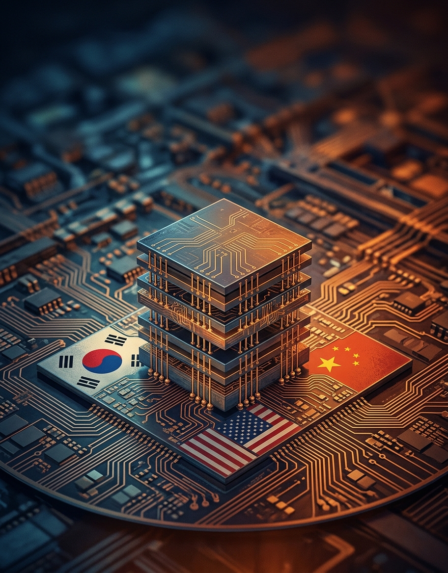 HBM chips overlaid with US, Korea and China flags