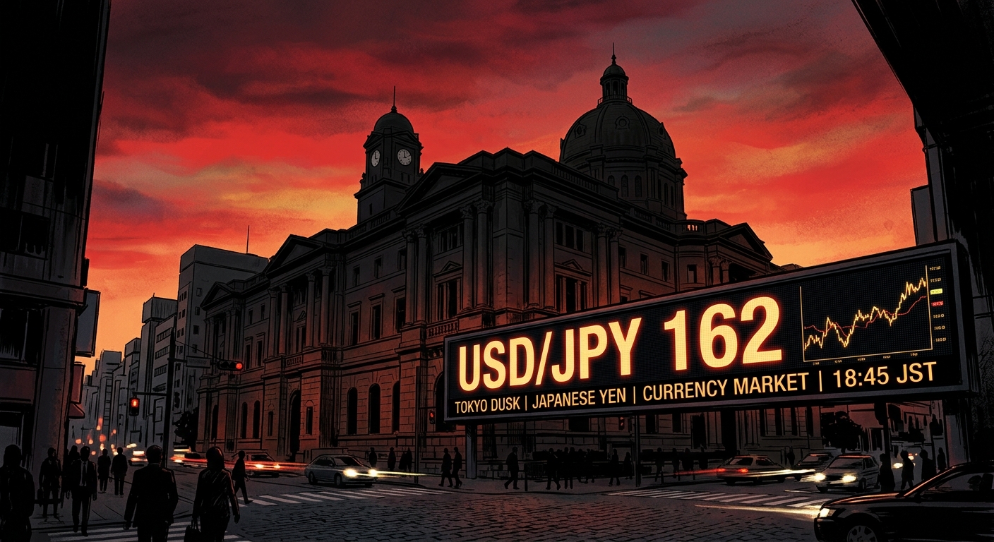 Editorial illustration: Bank of Japan headquarters building in Nihonbashi Tokyo at dusk, silhouette against a red-tinted sky, foreground showing a large digital ticker displaying USD/JPY 162 in bright numerals.