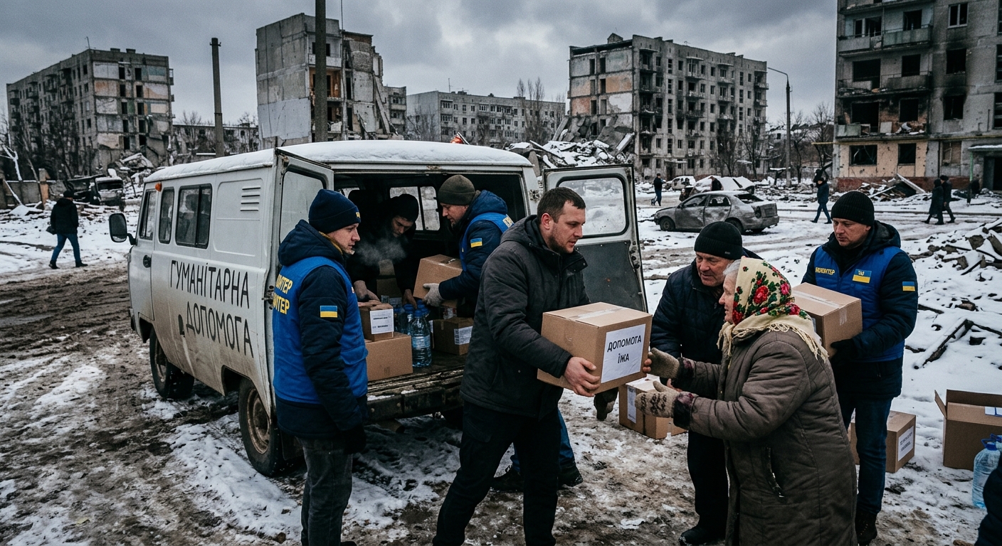 Ukrainian humanitarian aid volunteers unloading supplies from a van in a frontline town