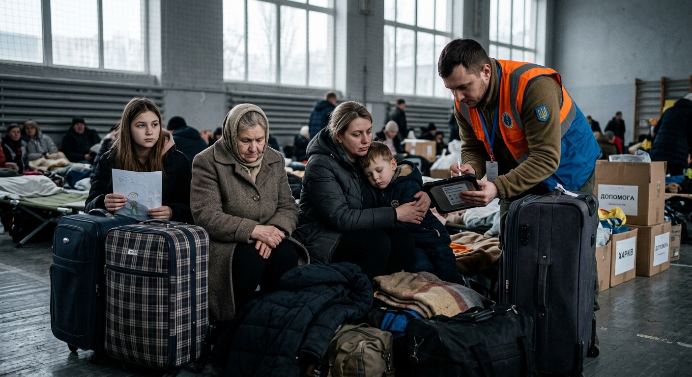 A weary Ukrainian family with suitcases waiting at a transit evacuation center in Kharkiv, an aid worker checking a tablet showing housing options
