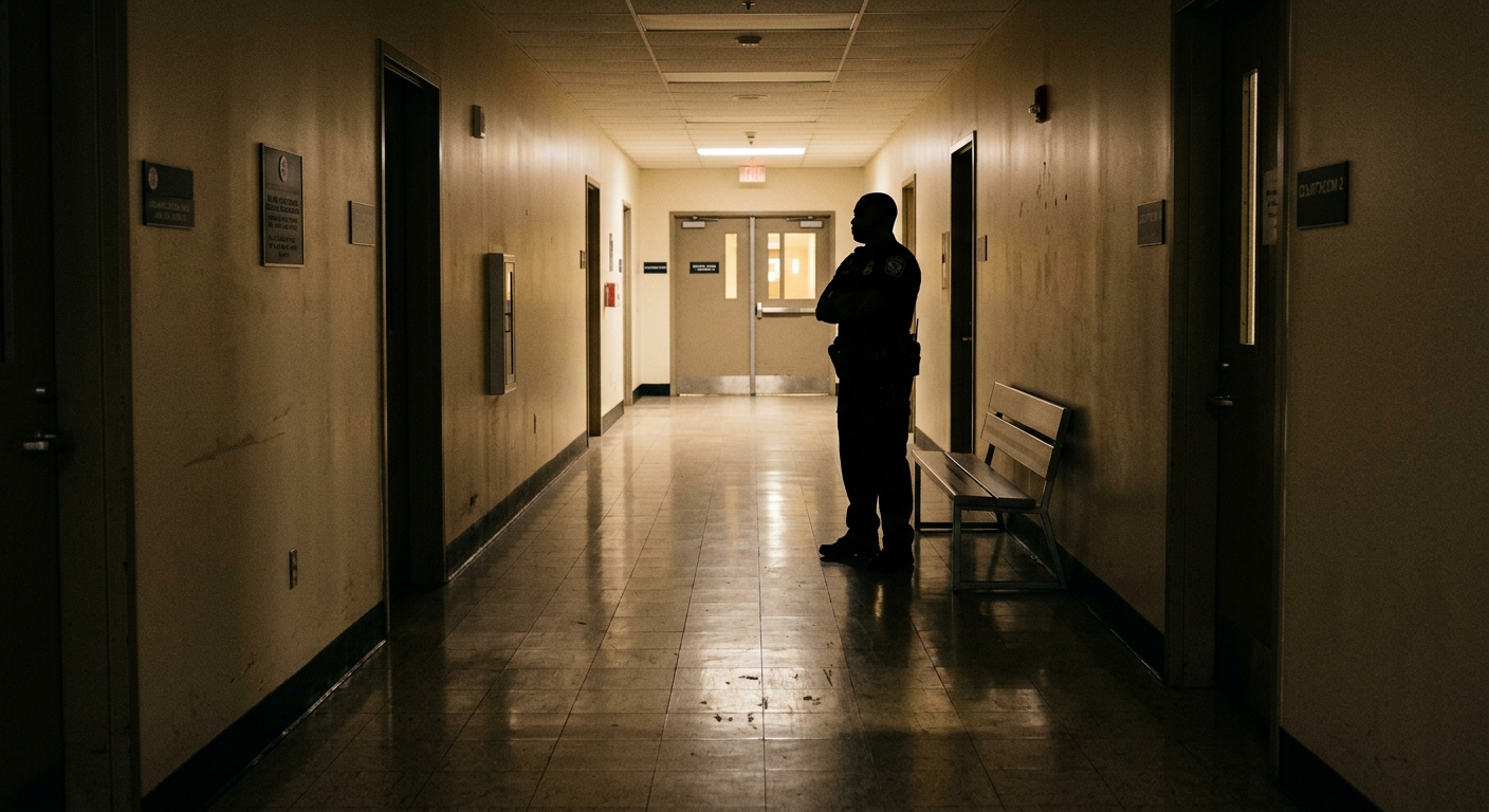 An empty immigration courthouse hallway at dusk, with an ICE officer's silhouette waiting near a bench