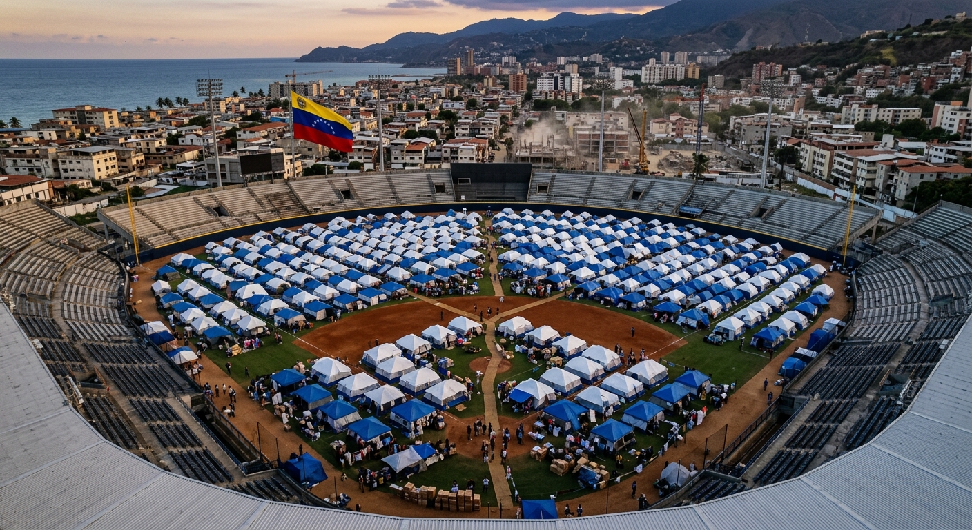 Aerial view of a large temporary tent camp inside a stadium in La Guaira, Venezuela.