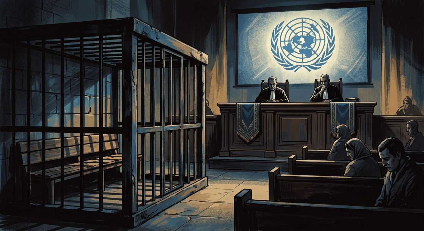 Tunisian courtroom with empty defendants' cage under a UN emblem