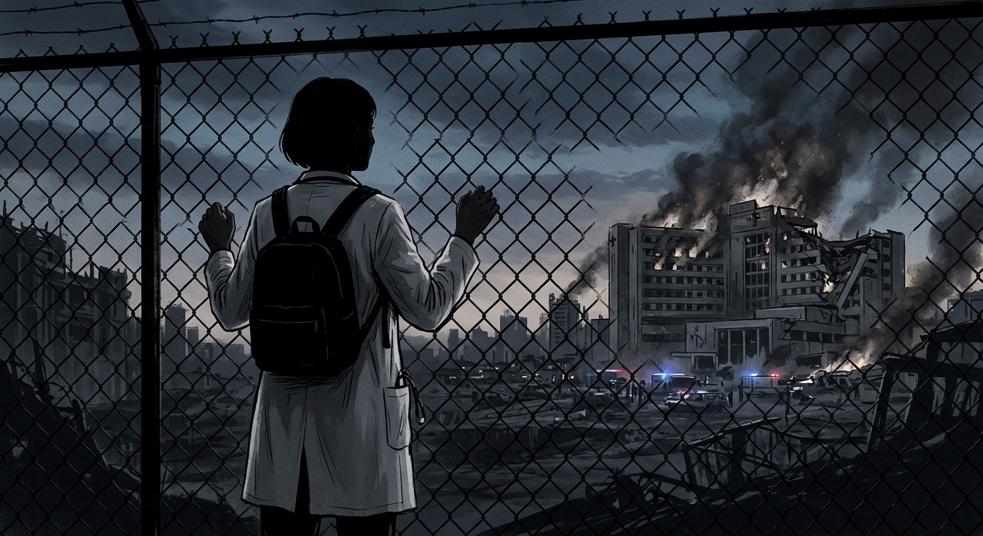 Editorial illustration: silhouette of a doctor in a white coat behind a chain-link fence at dusk, with a distant hospital building smoldering in the background.