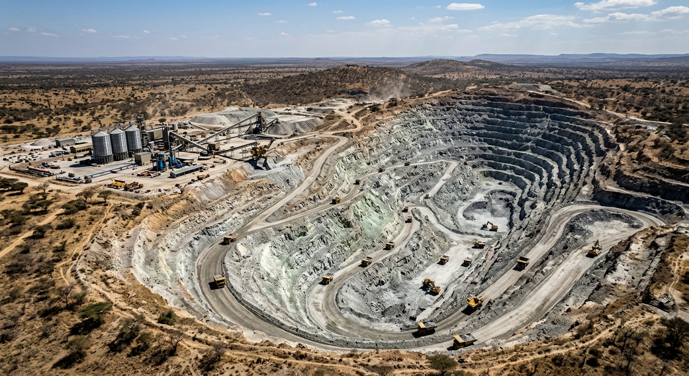 Aerial view of a large open-pit lithium mine in Zimbabwe with haul trucks and a processing plant under harsh sun