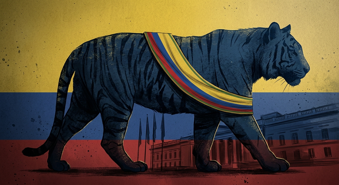 Editorial illustration: A tiger silhouette referencing "El Tigre" nickname over the Colombian tricolor with a subtle Casa de Nariño