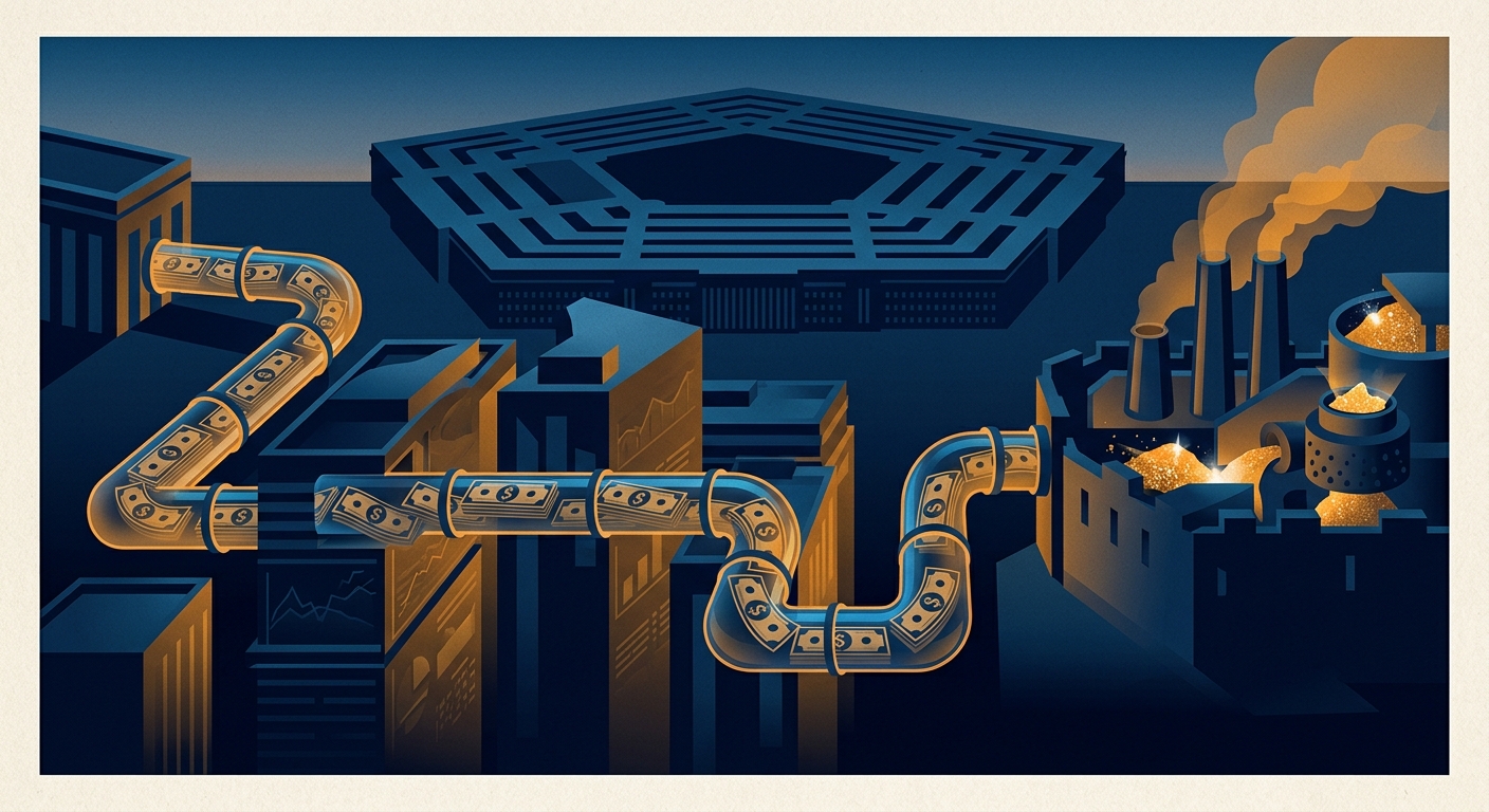 Editorial illustration: A US Pentagon building silhouette in the background, with a pipeline of flowing dollar bills routed through abstract private-fund management buildings before reaching a rare earth mineral processing facility. Dark blue and amber tones, financial-industrial aesthetic, clean vector illustration style.