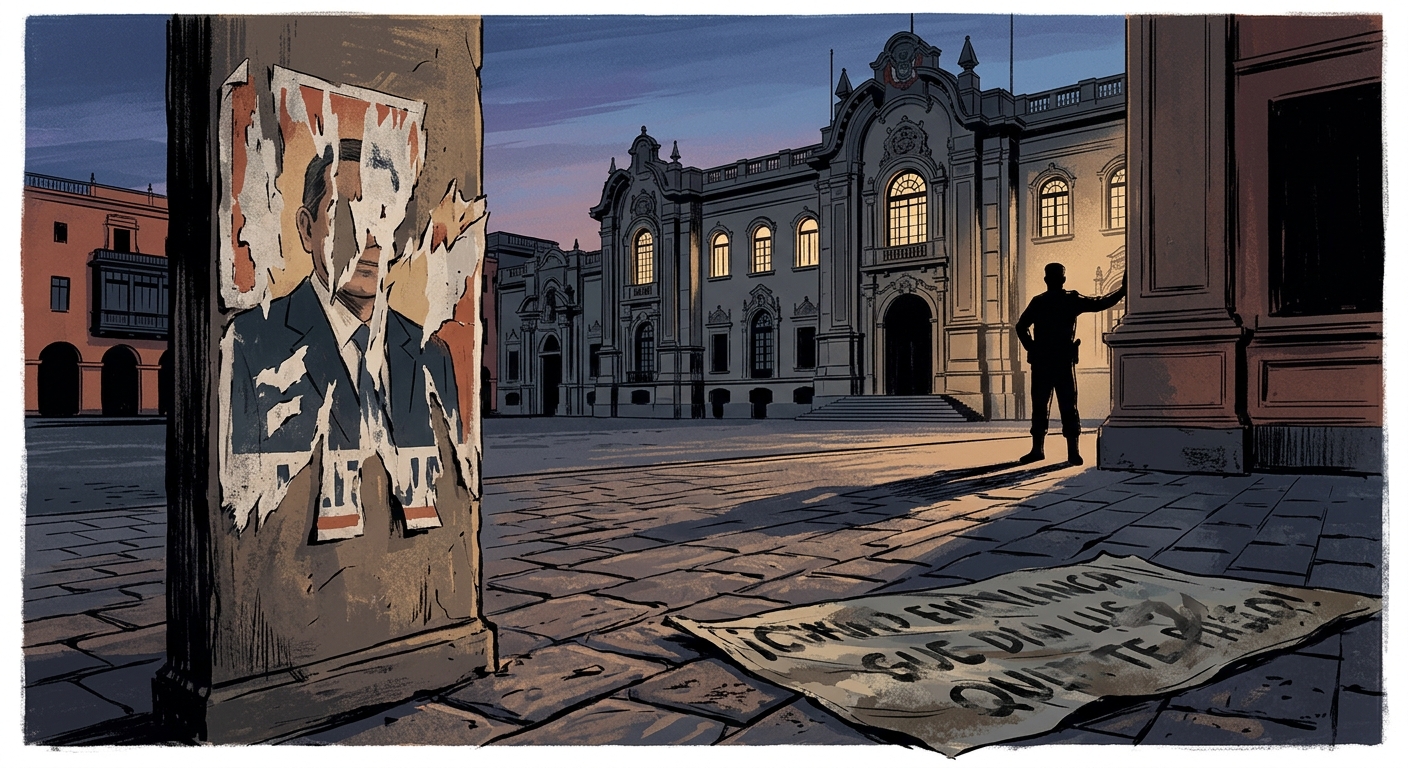 Editorial illustration: Peru's presidential palace in Lima at dusk with a torn campaign poster and faded protest banners