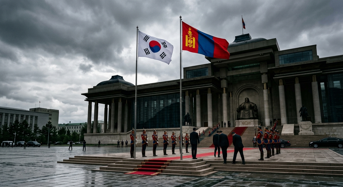 South Korean and Mongolian flags at a state summit in Ulaanbaatar