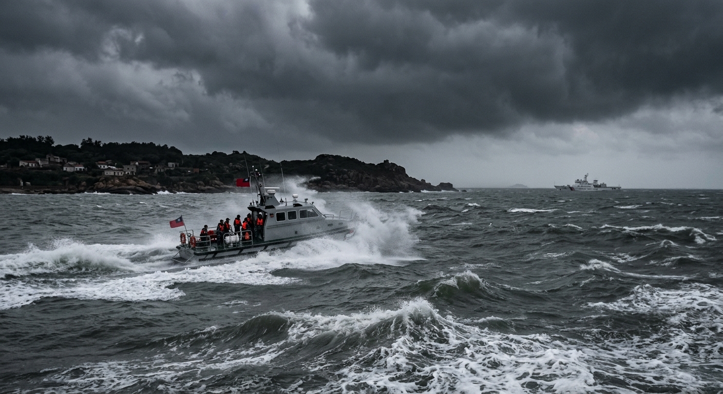 A Taiwan Coast Guard patrol boat in choppy grey seas off Kinmen island, shadowing a larger white Chinese coast guard vessel on the horizon under an approaching typhoon sky with dark clouds. Photojournalistic, wide shot, moody lighting, salt spray. No text or logos.
