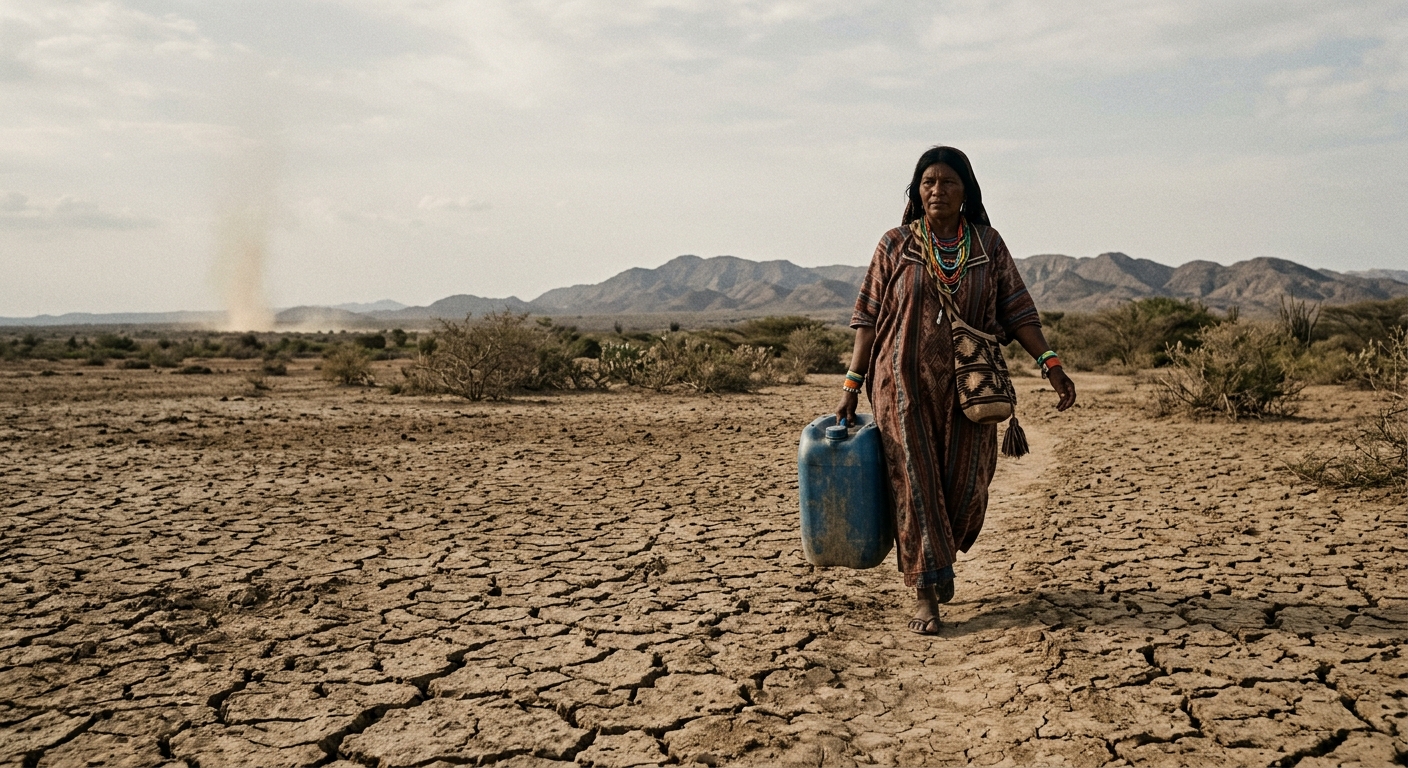 Wayuu woman walking across cracked earth of La Guajira desert