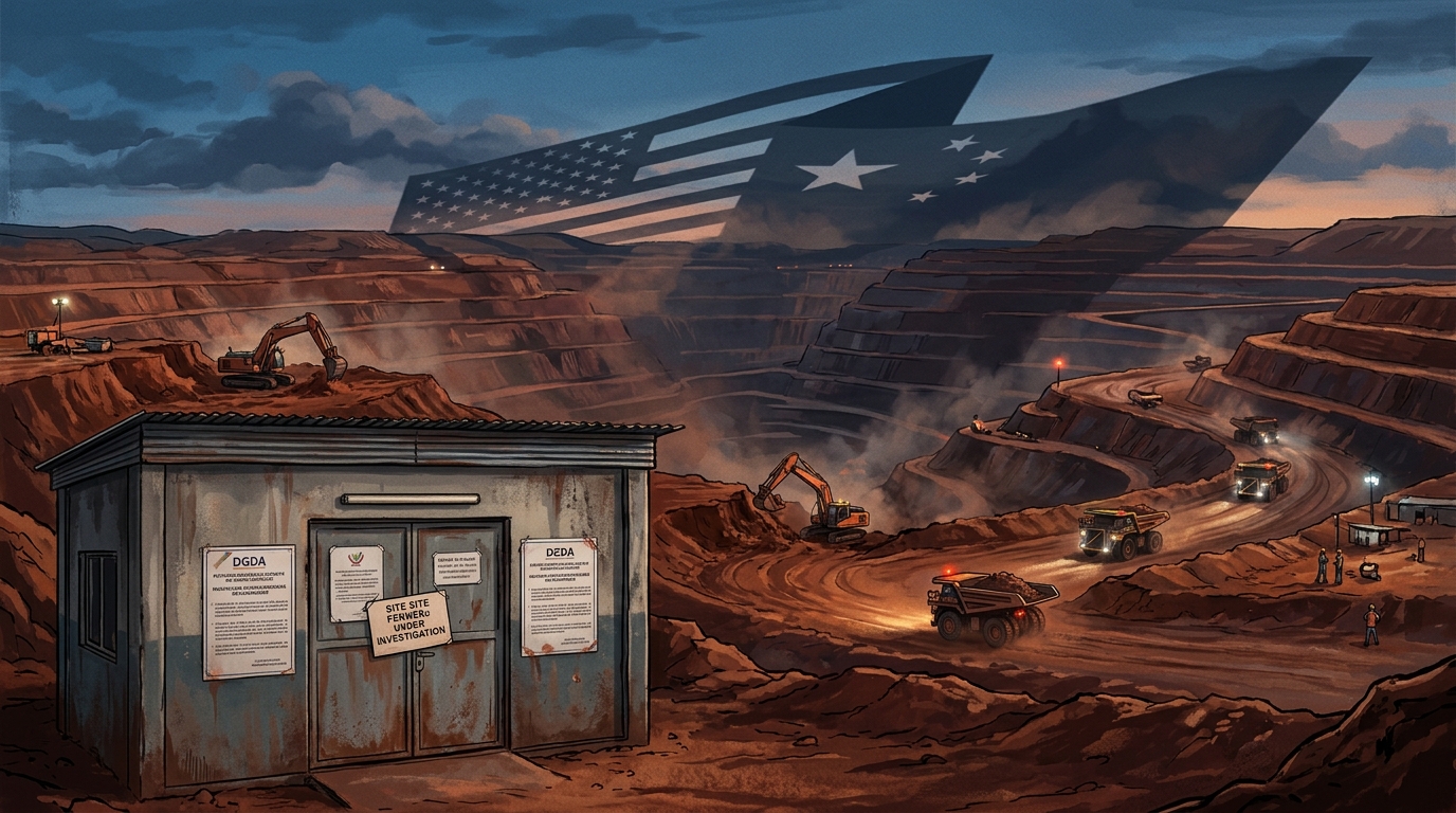 Wide editorial illustration of a sprawling copper-cobalt open-pit mine in the Congolese copperbelt near Kolwezi, Democratic Republic of Congo, at dusk. Industrial excavators and haul trucks work terraced red-earth pits. In the foreground, a sealed administrative office building with Congolese tax authority notices plastered on its doors. Subtle US and Chinese flag motifs as distant looming shadows over the mine. Documentary, slightly desaturated, geopolitical tension.