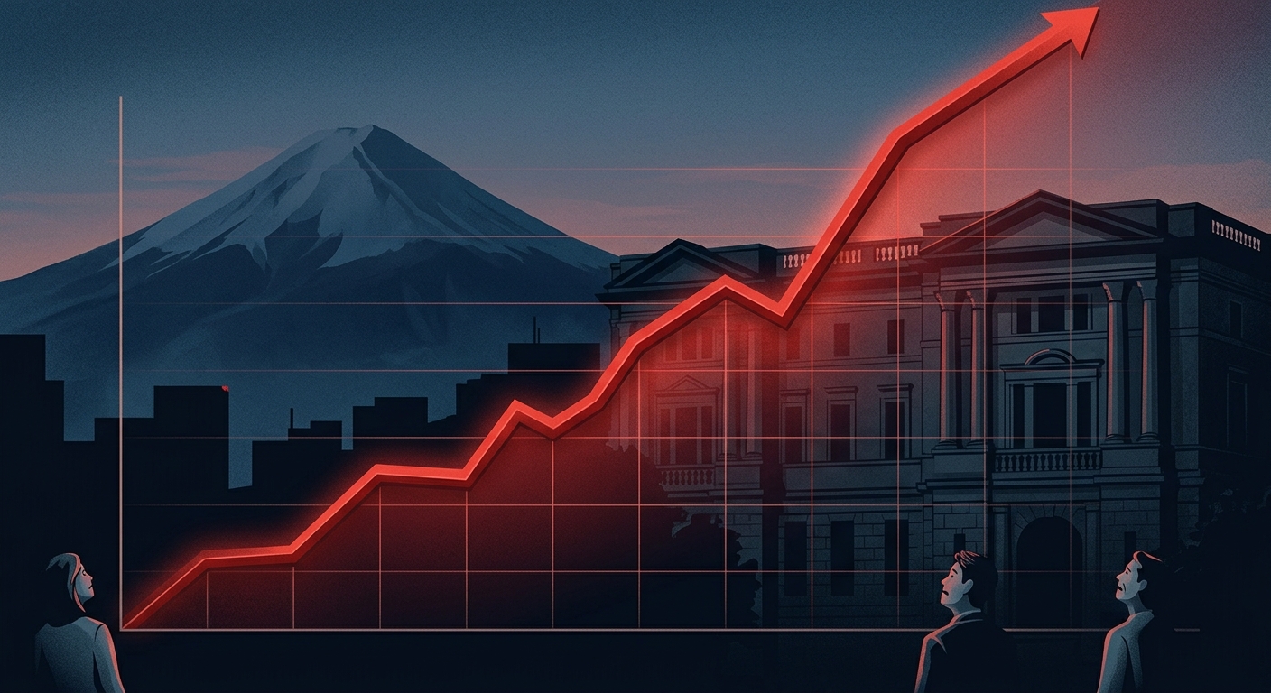 Editorial illustration: A stylized chart showing a red rising yield curve climbing steeply against a backdrop of the Japanese government bond market, with a subtle Mount Fuji silhouette and the Bank of Japan building.