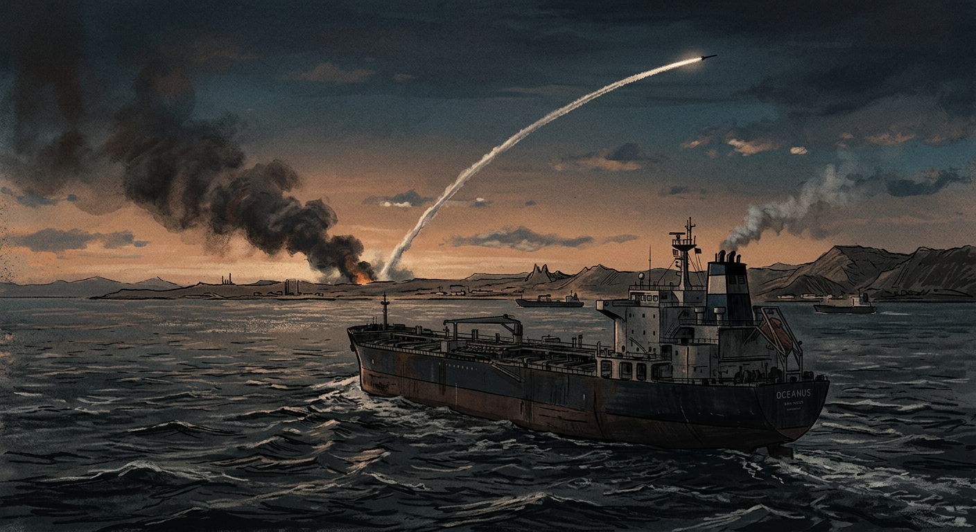 Editorial illustration of a tanker in the Strait of Hormuz at dawn with a missile trail overhead