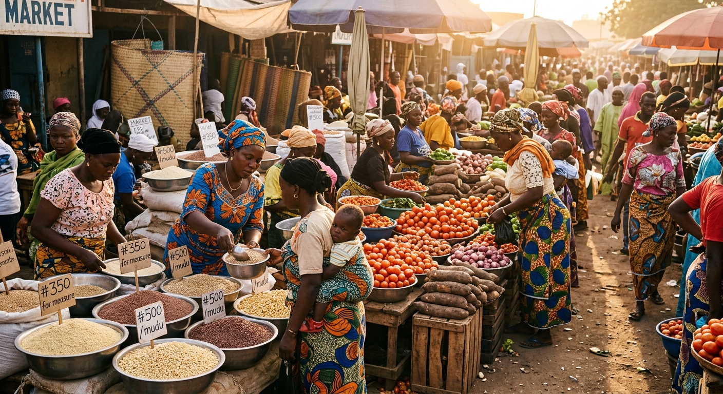 A busy Nigerian open-air food market in Kano or Maiduguri, women and traders in colourful attire arranging bowls of grain, tomatoes and yams, price tags visible, warm late-afternoon light, documentary photojournalism style