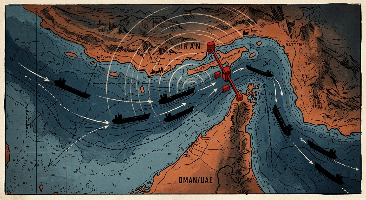 Editorial illustration: a stylized nautical chart of the Strait of Hormuz overlaid with oil-tanker silhouettes and a red 'tollbooth' gate across the channel, with faint radar arcs from the Iranian coast. Muted blues and burnt orange. No text.