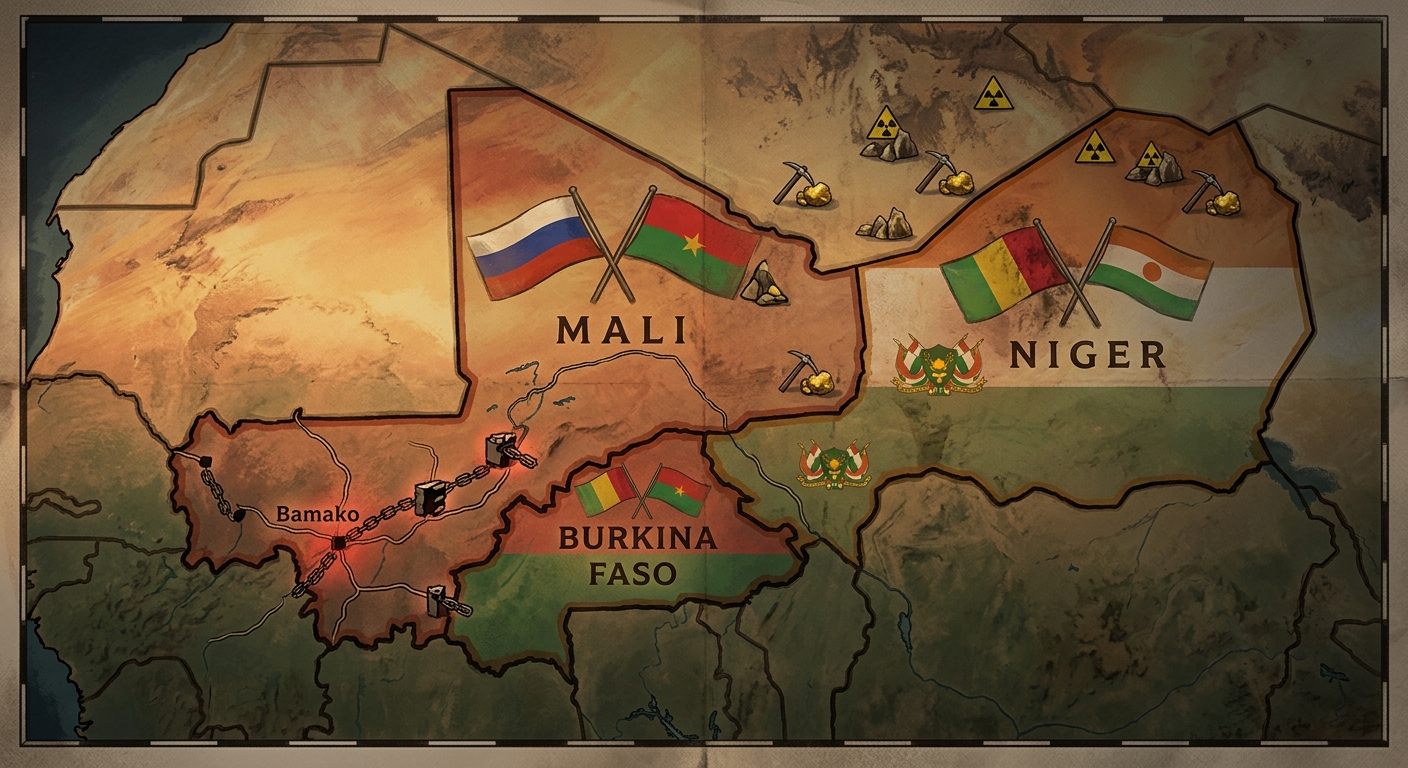 Editorial illustration: a map of the Sahel showing Mali, Burkina Faso, and Niger with Russian and AES flags overlaid, small icons for uranium and gold mines, and highway blockade points near Bamako.
