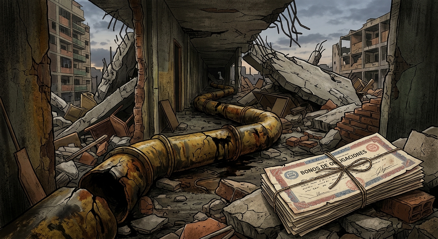 Editorial illustration: A cracked oil pipeline running through rubble of a collapsed Caracas apartment building, with a stack of unsigned bond certificates in the foreground.
