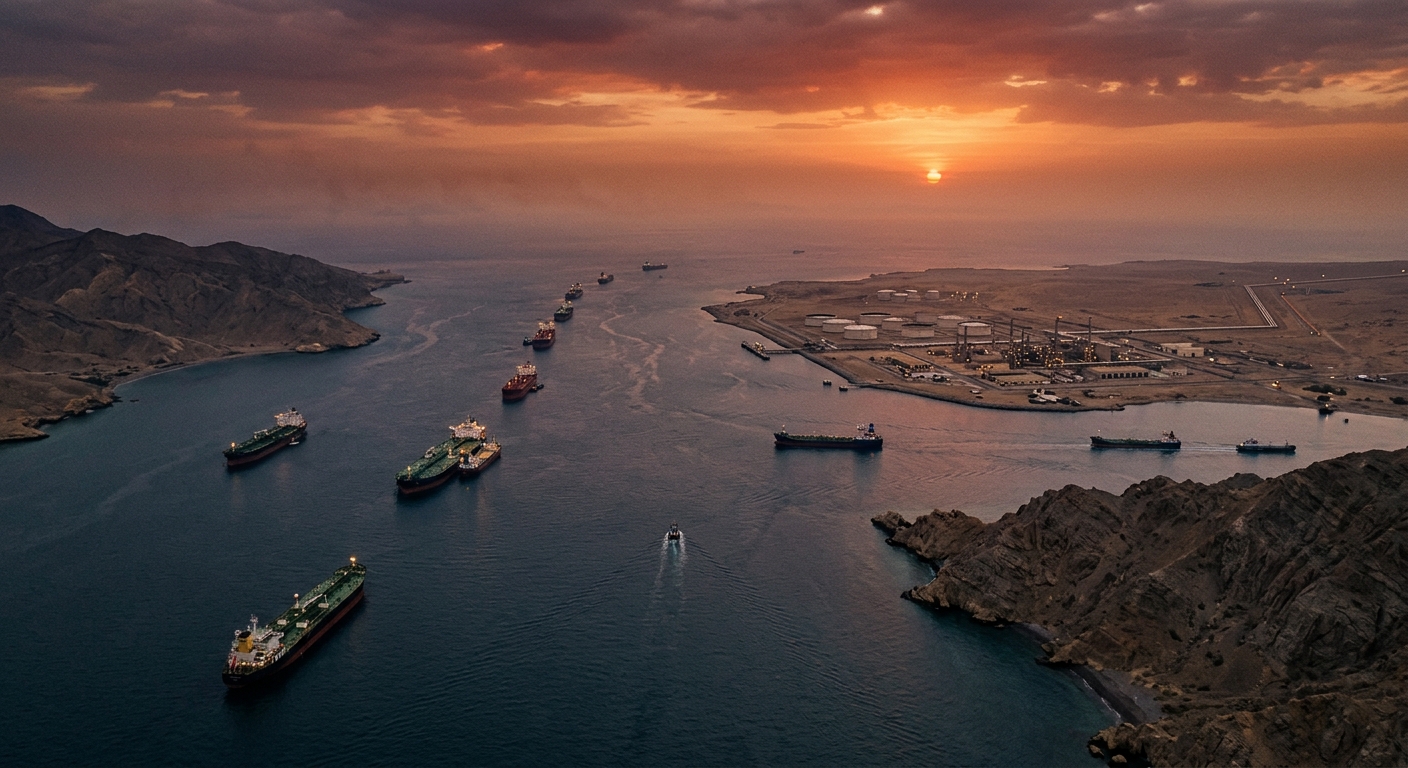 A wide editorial view of the Strait of Hormuz at dusk, tankers queued in the channel.