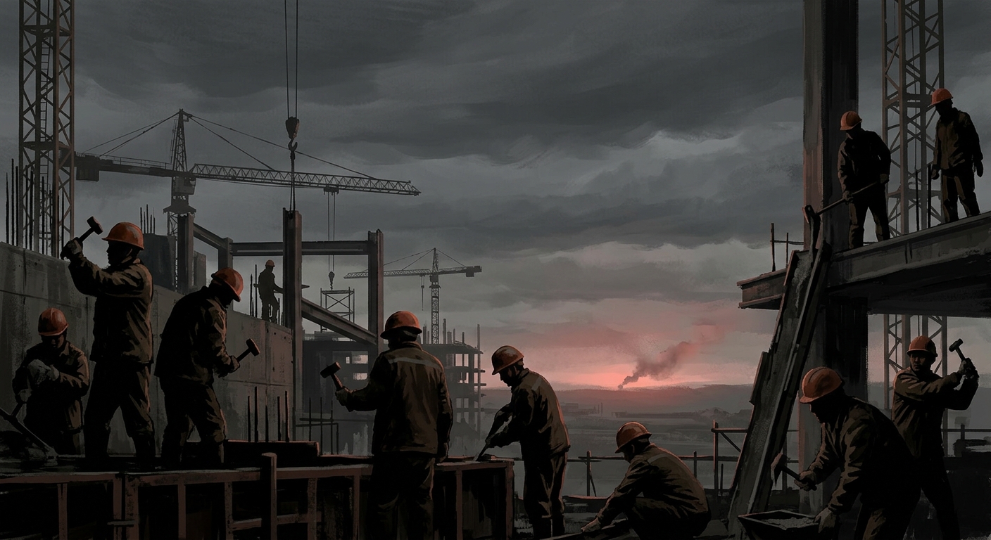North Korean construction workers on a Russian site under a grey industrial sky